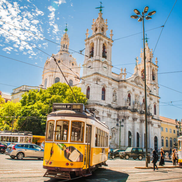 Yellow tram 28 on streets of Lisbon, Portugal